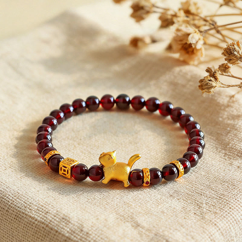 Buddha Stones Cute Lucky Cat Charm Garnet Cinnabar Calm Protection Beaded Bracelet - image 0