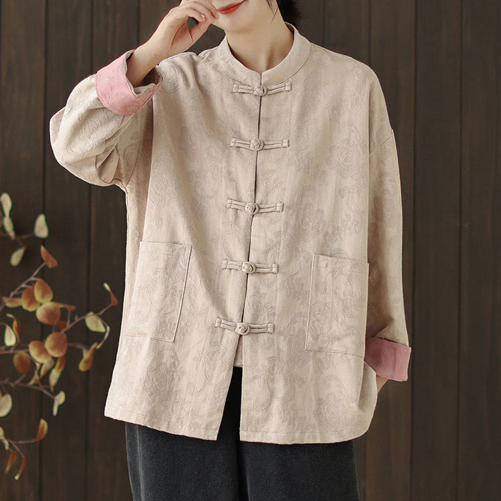 Buddha Stones Fall Floral Print Frog-Button Stand Collar Long Sleeve Women's Cotton Shirt - image 19