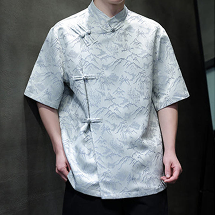 Buddha Stones Summer Mountain Pattern Jacquard Chinese Frog-Button Cotton Short Sleeve Men's Shirt - image 14