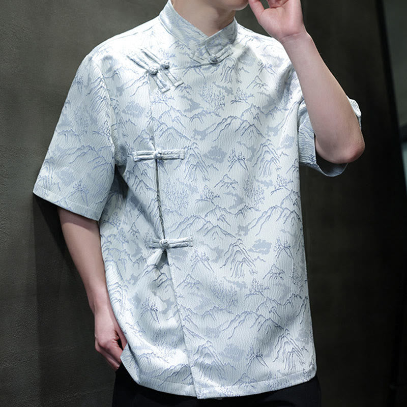Buddha Stones Summer Mountain Pattern Jacquard Chinese Frog-Button Cotton Short Sleeve Men's Shirt - image 13