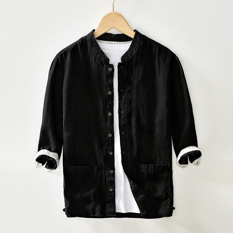 Buddha Stones Fall Solid Color Buttons Down Stand Collar Three Quarter Sleeve Linen Men's Shirt With Pockets - Black - US/UK/AU42，EU52 (3XL) - image 10