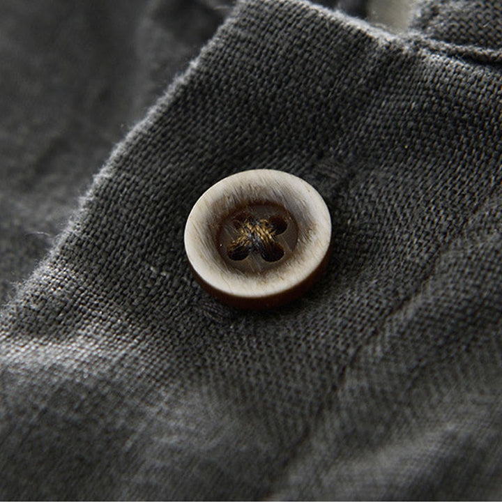 Buddha Stones Fall Solid Color Buttons Down Stand Collar Three Quarter Sleeve Linen Men's Shirt With Pockets - image 6