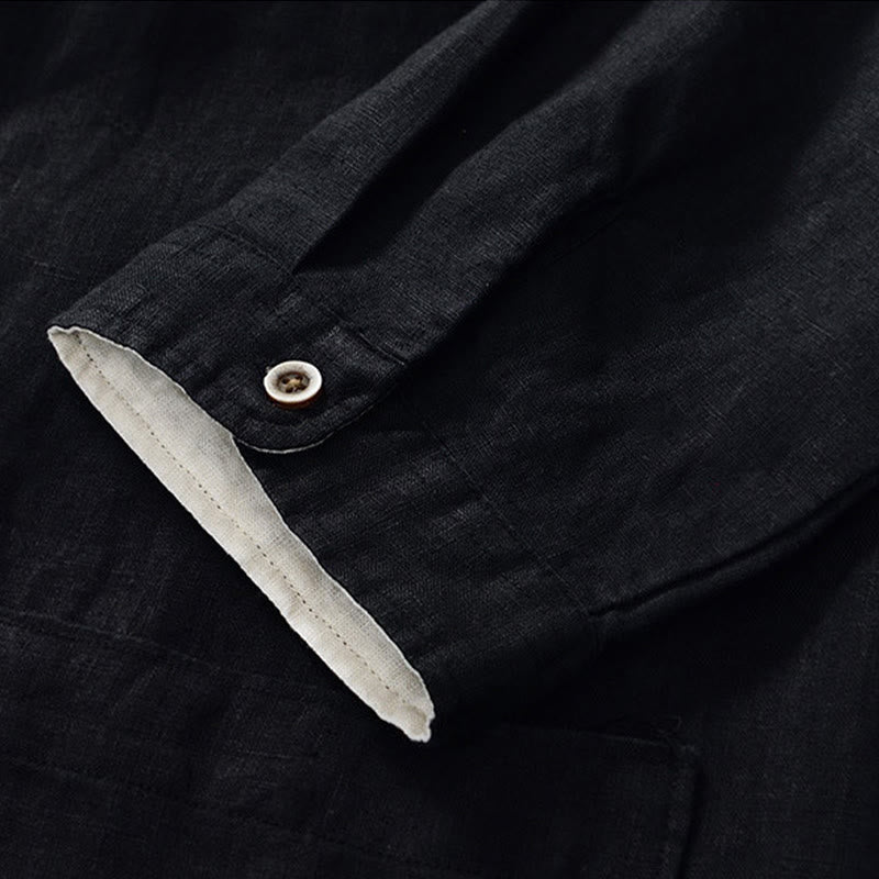 Buddha Stones Fall Solid Color Buttons Down Stand Collar Three Quarter Sleeve Linen Men's Shirt With Pockets - image 14