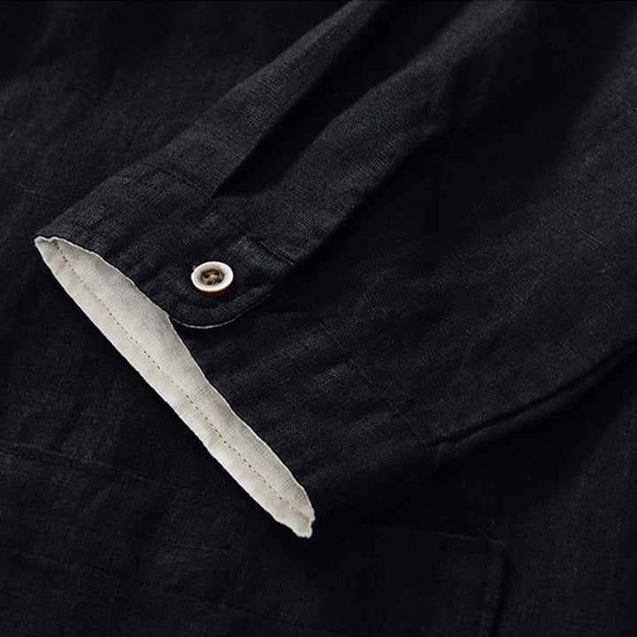 Buddha Stones Fall Solid Color Buttons Down Stand Collar Three Quarter Sleeve Linen Men's Shirt With Pockets - image 14