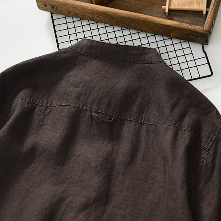 Buddha Stones Fall Solid Color Buttons Down Stand Collar Three Quarter Sleeve Linen Men's Shirt With Pockets - image 19