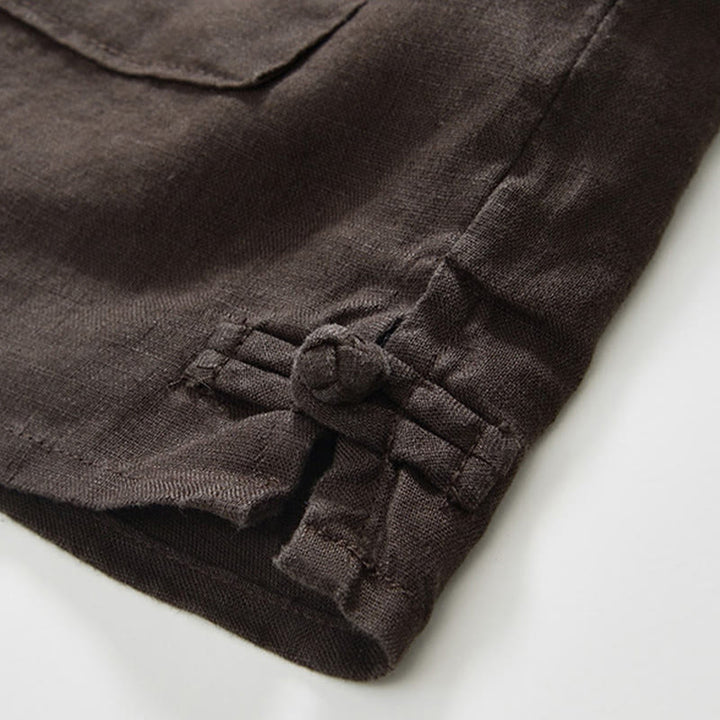 Buddha Stones Fall Solid Color Buttons Down Stand Collar Three Quarter Sleeve Linen Men's Shirt With Pockets - image 23