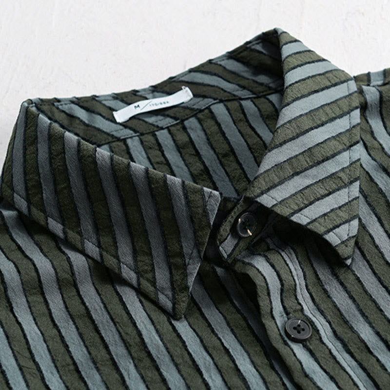 Buddha Stones Vintage Striped Buttons Down Stand Collar Long Sleeve Men's Cotton Shirt - image 2