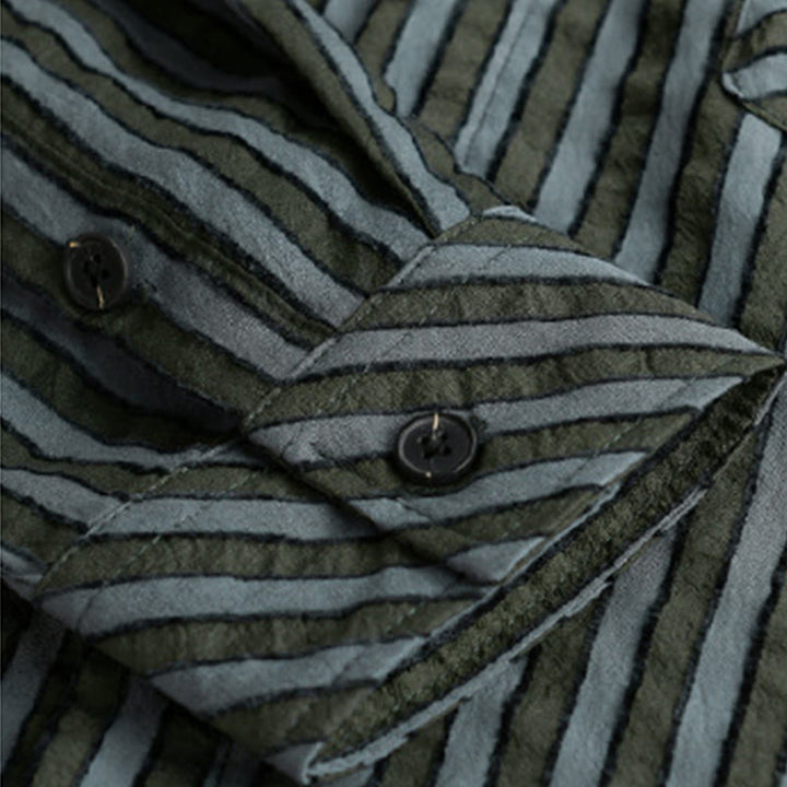 Buddha Stones Vintage Striped Buttons Down Stand Collar Long Sleeve Men's Cotton Shirt - image 6