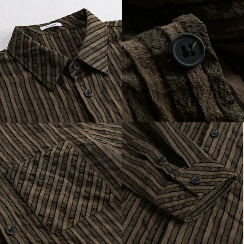 Buddha Stones Vintage Striped Buttons Down Stand Collar Long Sleeve Men's Cotton Shirt - image 14