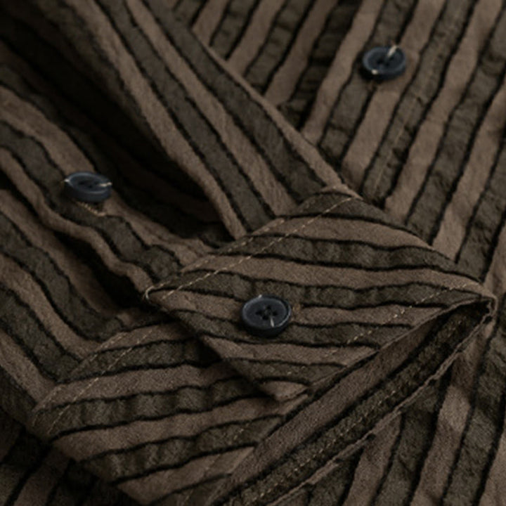 Buddha Stones Vintage Striped Buttons Down Stand Collar Long Sleeve Men's Cotton Shirt - image 12