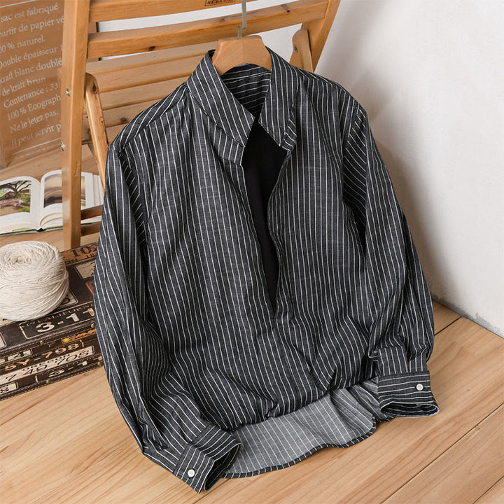 Buddha Stones Fall 2 In 1 Stripes Stand Collar Long Sleeve Men's Cotton Shirt - Black - US/UK/AU42，EU52 (3XL) - image 10