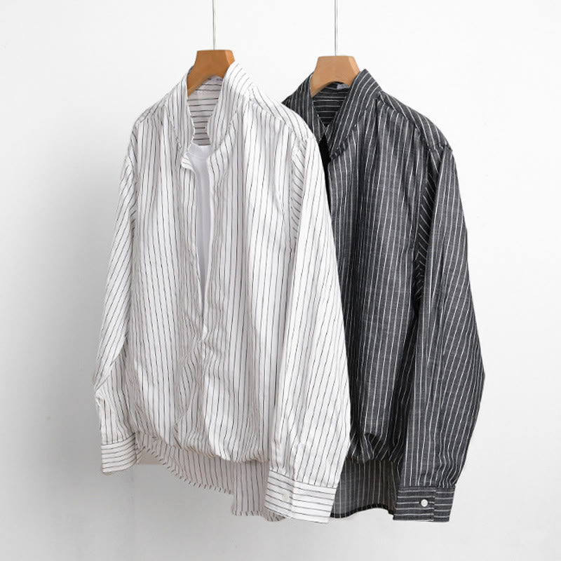 Buddha Stones Fall 2 In 1 Stripes Stand Collar Long Sleeve Men's Cotton Shirt - image 15