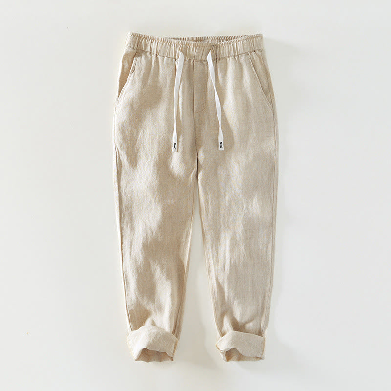 Buddha Stones Fall Solid Drawstring Elastic Waist Men's Linen Ankle-Length Pants With Pockets - Beige - US/UK/AU44，EU54 (4XL) - image 0