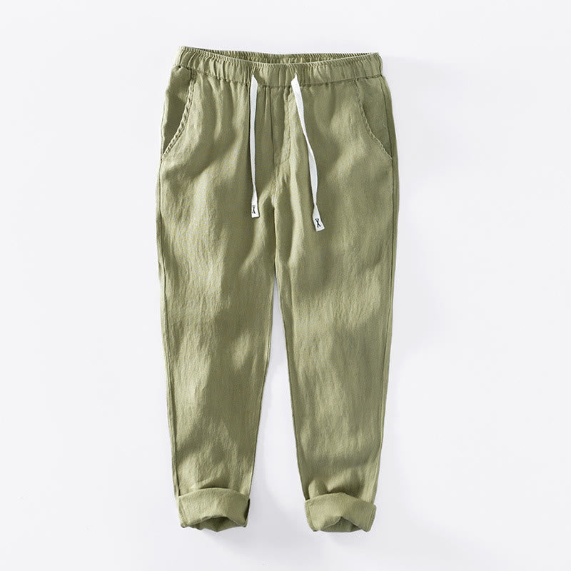 Buddha Stones Fall Solid Drawstring Elastic Waist Men's Linen Ankle-Length Pants With Pockets - YellowGreen - US/UK/AU44，EU54 (4XL) - image 21