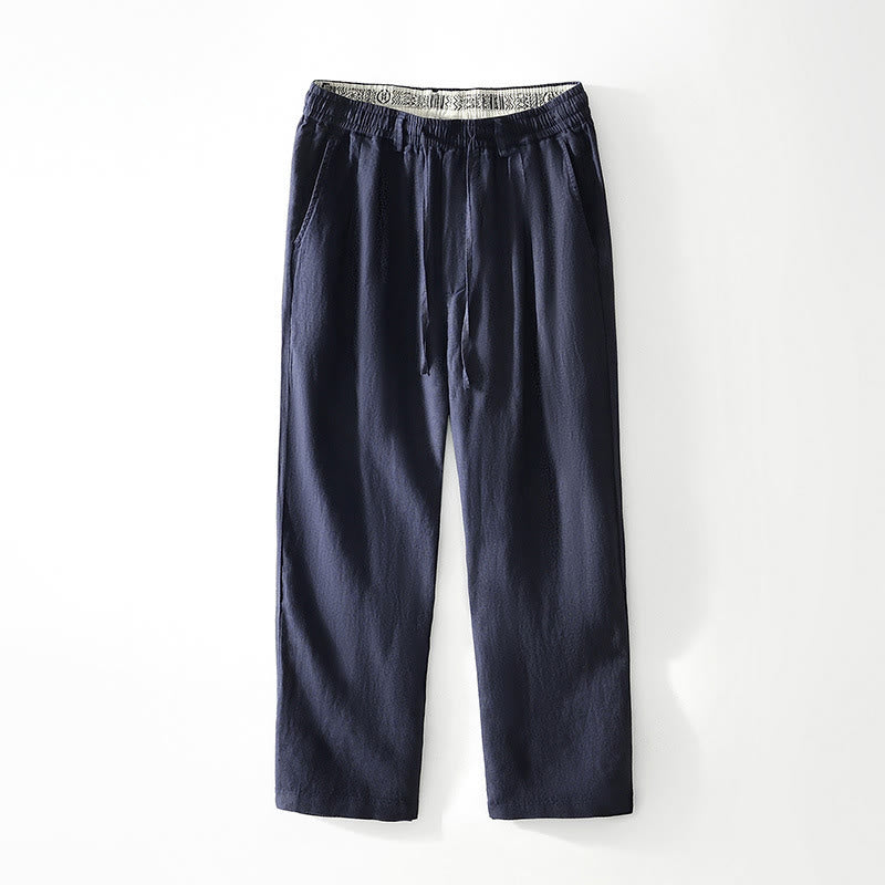 Buddha Stones Fall Solid Drawstring Elastic Waist Men's Linen Straight Leg Pants With Pockets - SteelBlue - US/UK/AU42，EU52 (3XL) - image 0