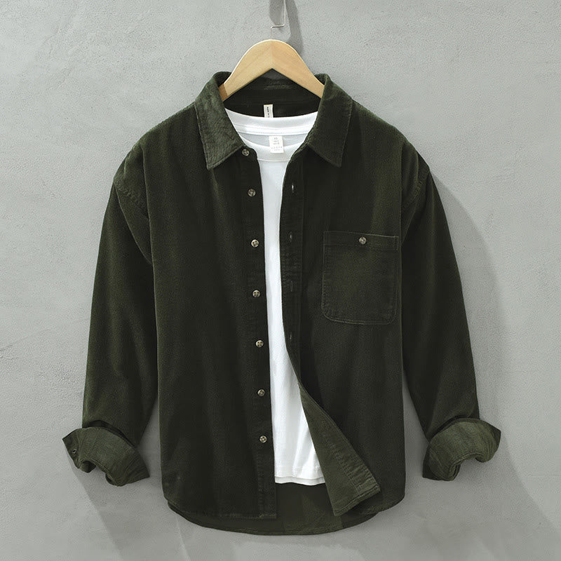 Buddha Stones Fall Decorative Pocket Buttons Down Stand Collar Long Sleeve Men's Cotton Corduroy Shirt - Olive - US/UK/AU42，EU52 (3XL) - image 9