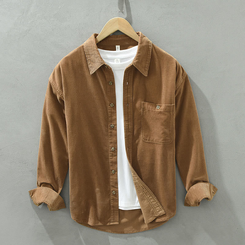 Buddha Stones Fall Decorative Pocket Buttons Down Stand Collar Long Sleeve Men's Cotton Corduroy Shirt - SandyBrown - US/UK/AU42，EU52 (3XL) - image 0