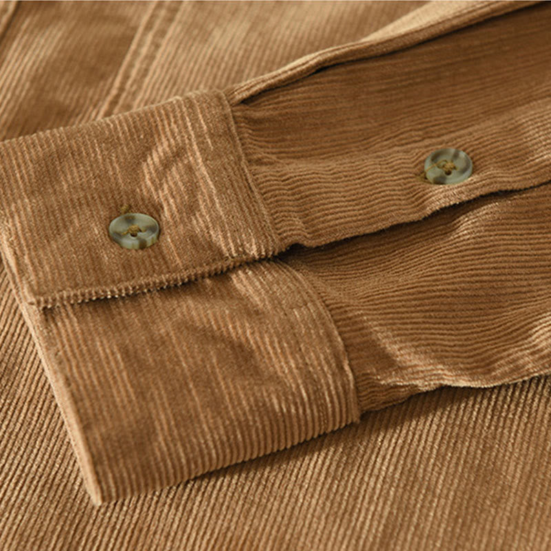 Buddha Stones Fall Decorative Pocket Buttons Down Stand Collar Long Sleeve Men's Cotton Corduroy Shirt - image 6