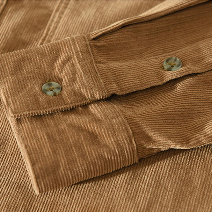 Buddha Stones Fall Decorative Pocket Buttons Down Stand Collar Long Sleeve Men's Cotton Corduroy Shirt - image 6