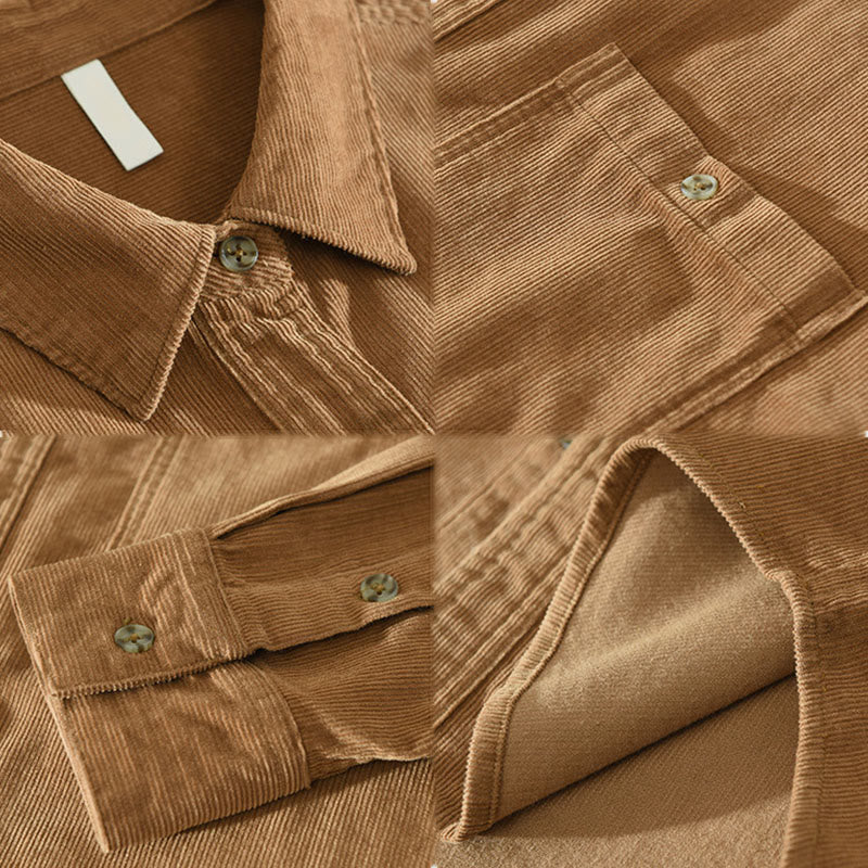 Buddha Stones Fall Decorative Pocket Buttons Down Stand Collar Long Sleeve Men's Cotton Corduroy Shirt - image 2