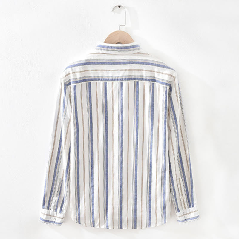 Buddha Stones Fall Stripe Decorative Pocket Buttons Down Long Sleeve Three Quarter Sleeve Short Sleeve Men's Cotton Shirt - image 2