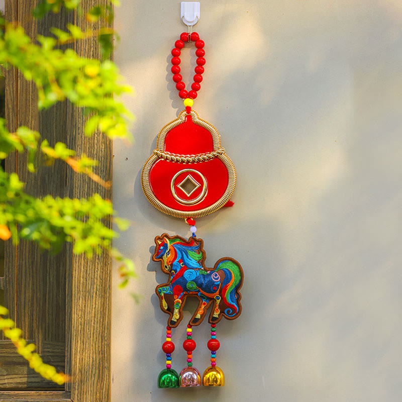 Buddha Stones Year Of The Horse Embroidery Money Bag Gourd Copper Coins Bell Charm Success Hanging Decoration - Brown Horse&Gourd(12*43cm) - image 5