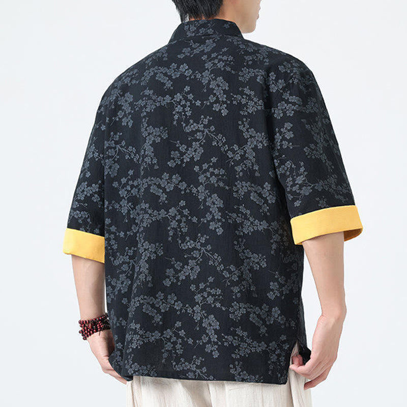 Buddha Stones Summer Peach Blossoms Pattern Chinese Frog-Button Cotton Linen Short Sleeve Men's Shirt - image 3