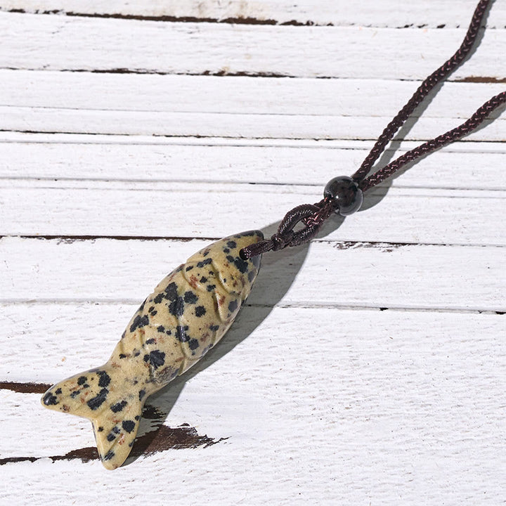 Buddha Stones Carving Koi Fish Pink Crystal Indian Agate Amethyst Warmth Prosperity Necklace Pendant - Dalmatian Jasper(Pendant Size: 15*40mm) - image 33