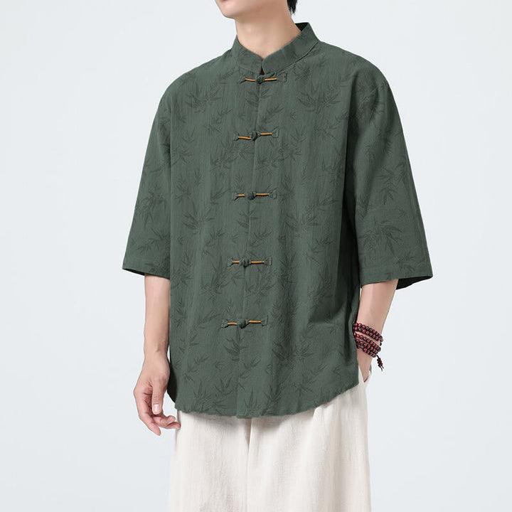 Buddha Stones Summer Bamboo Leaves Pattern Chinese Frog-Button Cotton Linen Short Sleeve Men's Shirt - SeaGreen - US/UK/AU46，EU56 (5XL) - image 7