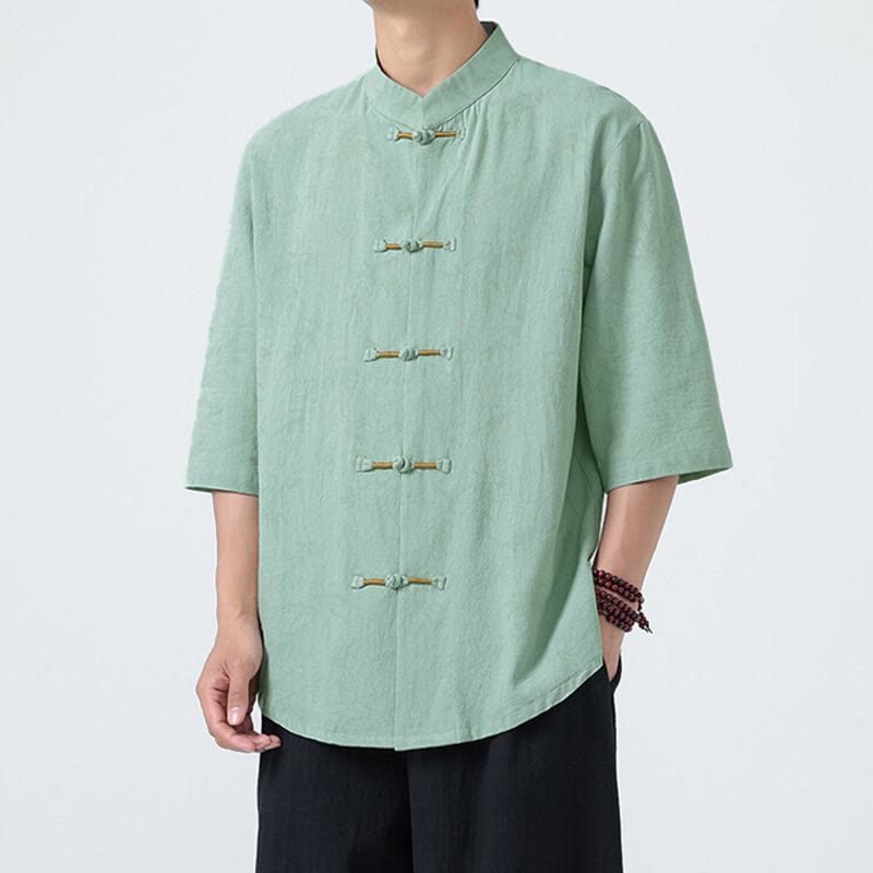 Buddha Stones Summer Bamboo Leaves Pattern Chinese Frog-Button Cotton Linen Short Sleeve Men's Shirt - image 14