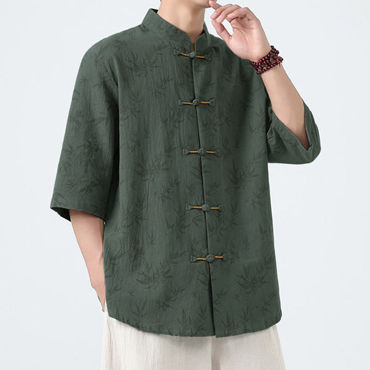 Buddha Stones Summer Bamboo Leaves Pattern Chinese Frog-Button Cotton Linen Short Sleeve Men's Shirt - image 9