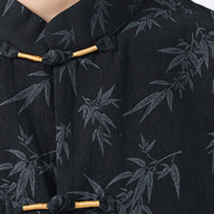 Buddha Stones Summer Bamboo Leaves Pattern Chinese Frog-Button Cotton Linen Short Sleeve Men's Shirt - image 5