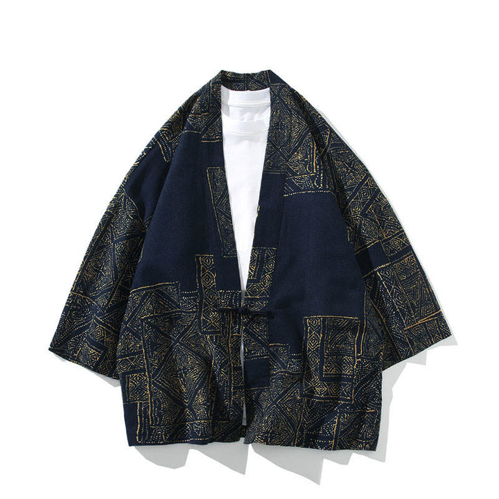 Buddha Stones Geometry Floral Stripes Butterfly Ink Open Front Half Sleeve Jacket Cotton Men's Kimono - Square Blue - US/UK/AU46，EU56 (5XL) - image 0