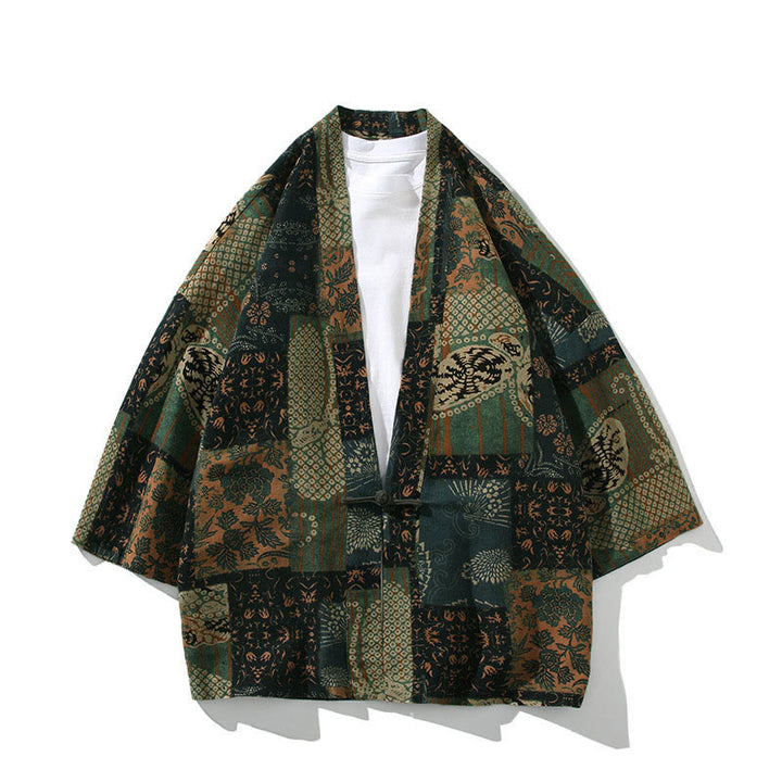 Buddha Stones Geometry Floral Stripes Butterfly Ink Open Front Half Sleeve Jacket Cotton Men's Kimono - Floral Green - US/UK/AU46，EU56 (5XL) - image 11