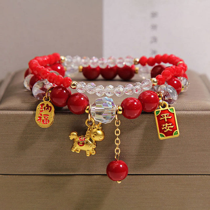 Buddha Stones Year Of The Horse Ingot Prosperity Bracelet - 2Pcs Enjoy Happiness Safe Horse(Wrist Circumference: 14-15 cm) - image 0