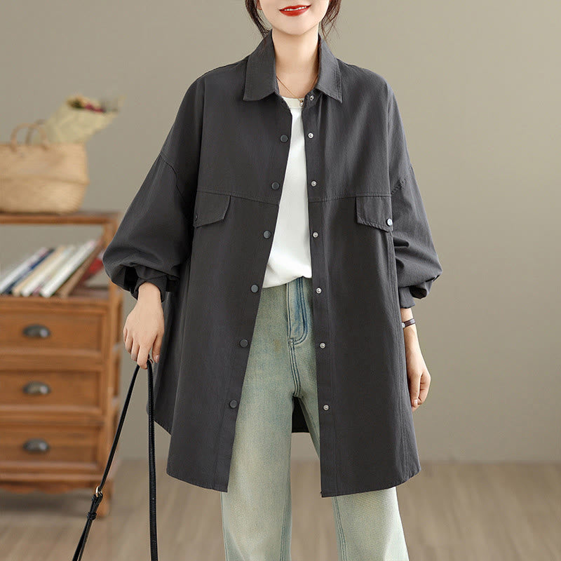 Buddha Stones Fall Pure Color Lapel Button Simple Design Women's Cotton Long Sleeve Jacket - DimGray - US14，UK/AU18，EU46 (2XL) - image 0