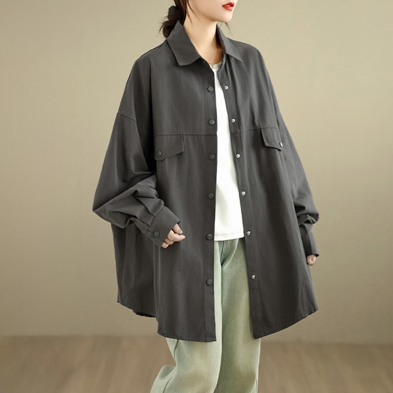 Buddha Stones Fall Pure Color Lapel Button Simple Design Women's Cotton Long Sleeve Jacket - image 3