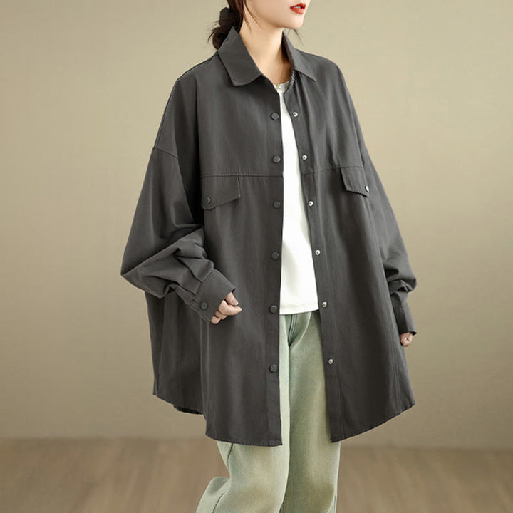 Buddha Stones Fall Pure Color Lapel Button Simple Design Women's Cotton Long Sleeve Jacket - image 3