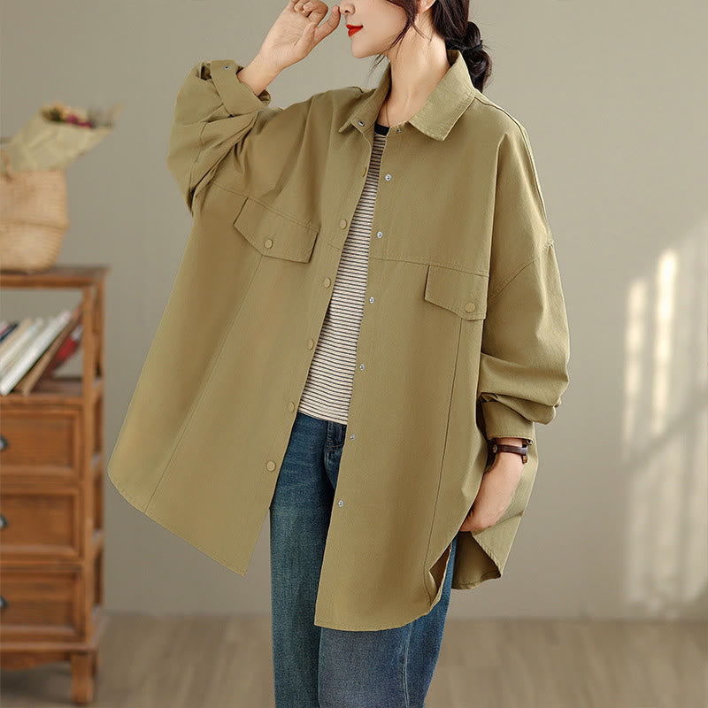 Buddha Stones Fall Pure Color Lapel Button Simple Design Women's Cotton Long Sleeve Jacket - DarkKhaki - US14，UK/AU18，EU46 (2XL) - image 11