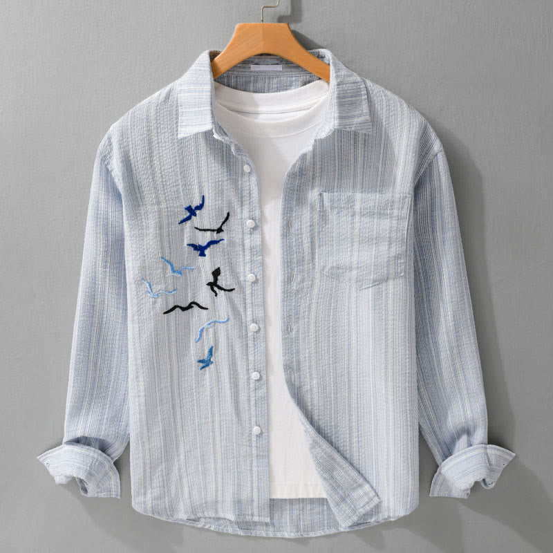 Buddha Stones Embroidery Bird Striped Pattern Long Sleeve Men's Cotton Shirt With Pocket - LightBlue - US/UK/AU42，EU52 (3XL) - image 0