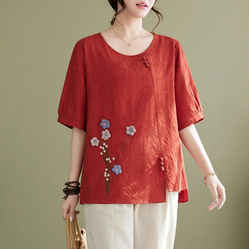 Buddha Stones Three-dimensional Flowers Design Crew Neck Short Sleeve Cotton Women's Shirt - Tomato - US12，UK/AU16，EU44 (3XL) - image 6