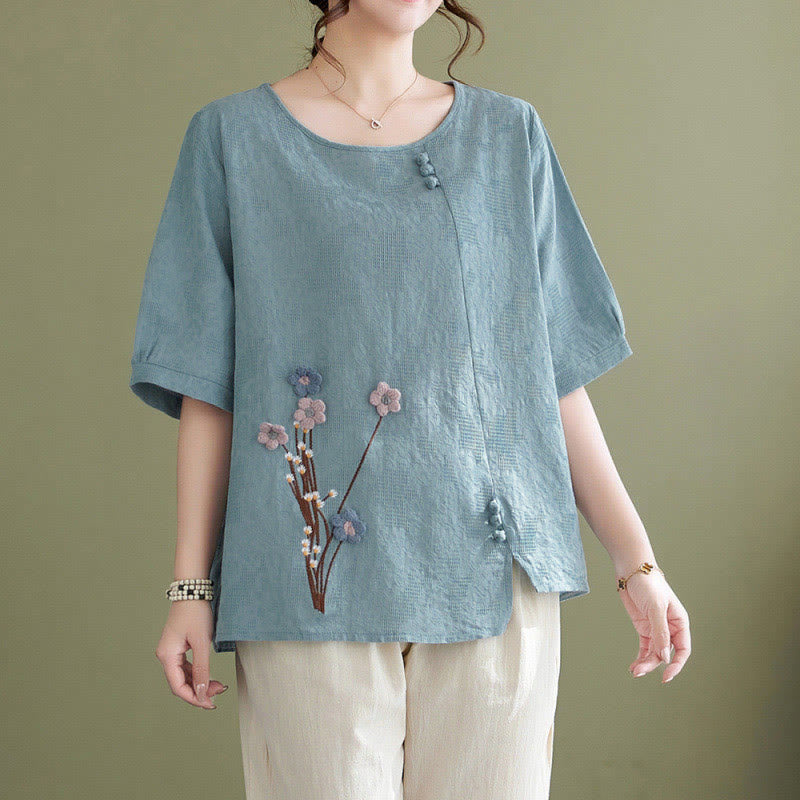 Buddha Stones Three-dimensional Flowers Design Crew Neck Short Sleeve Cotton Women's Shirt - LightBlue - US12，UK/AU16，EU44 (3XL) - image 0