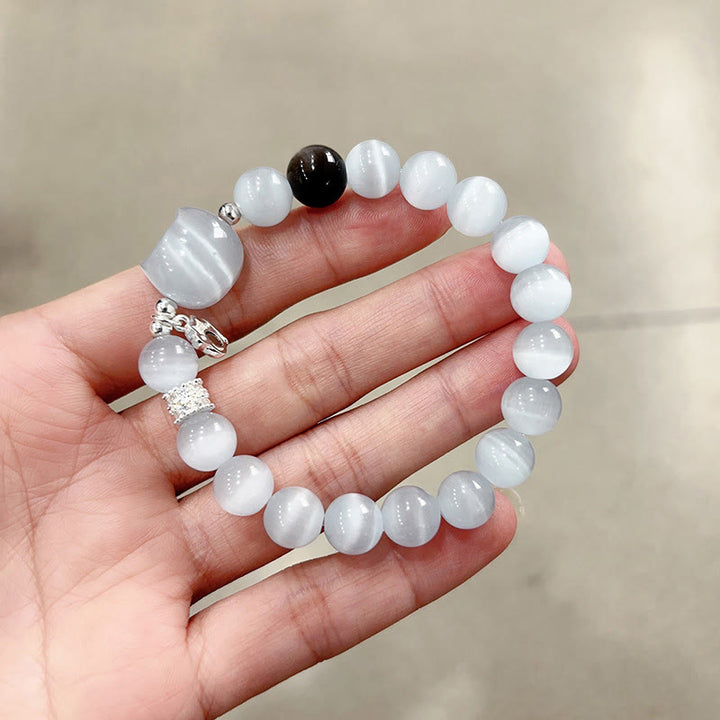 Buddha Stones Cat Head White Cat's Eye Silver Sheen Obsidian Positive Bracelet - White Cat's Eye Bead Size 10mm(Wrist Circumference:14-15cm) - image 6