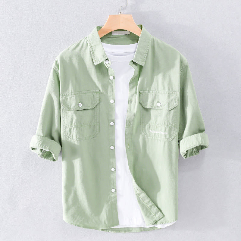 Buddha Stones Summer Buttons Down Two Decorative Pockets Men's Half Sleeve Cotton Shirt - PaleGreen - US/UK/AU40，EU50 (3XL) - image 7