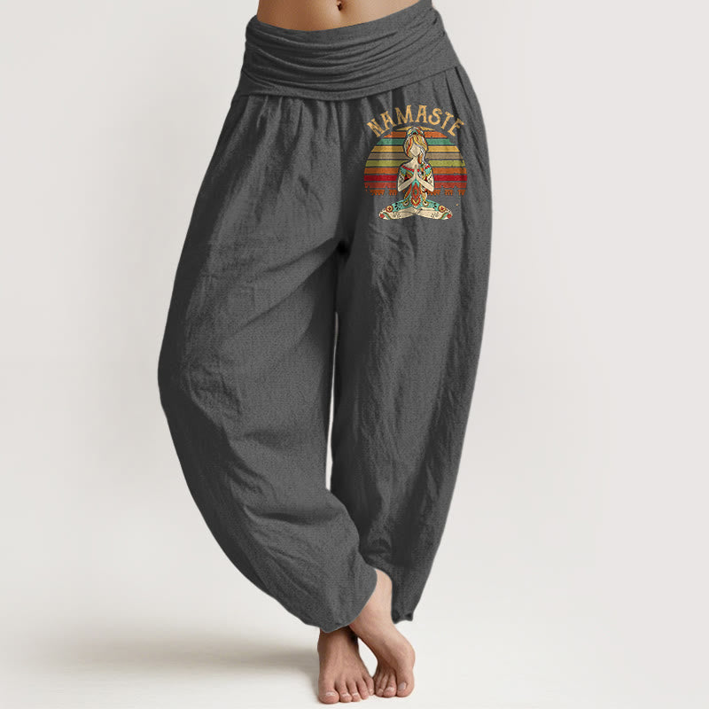 Buddha Stones Colored Stripes Lotus Meditation Figure Pattern Namaste Women's Harem Pure Cotton Pants - DimGray - US16，UK/AU20，EU48 (3XL) - image 8