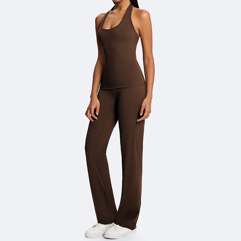 Buddha Stones Solid Crop Halter Backless Sleeveless Top Straight Leg Pants For Sports Fitness Yoga - image 5