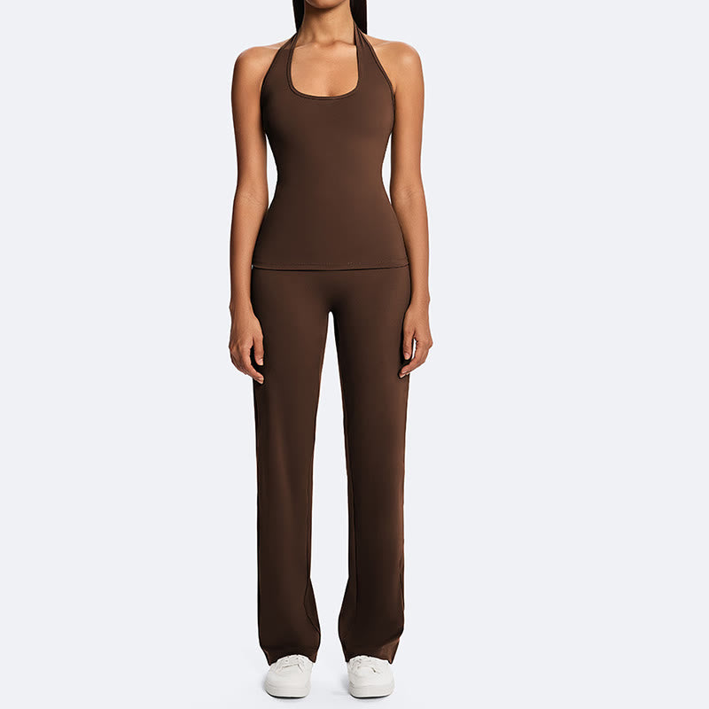 Buddha Stones Solid Crop Halter Backless Sleeveless Top Straight Leg Pants For Sports Fitness Yoga - image 6