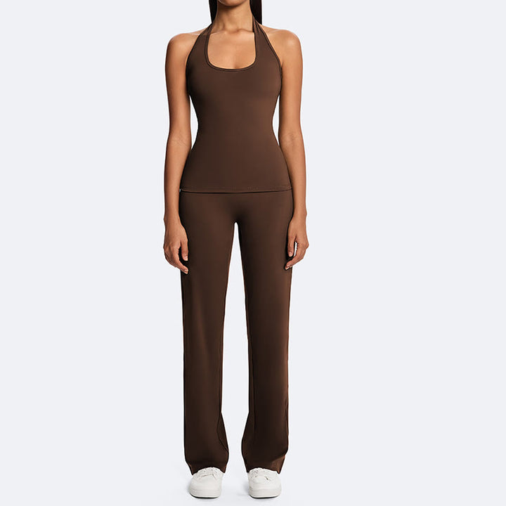 Buddha Stones Solid Crop Halter Backless Sleeveless Top Straight Leg Pants For Sports Fitness Yoga - image 6
