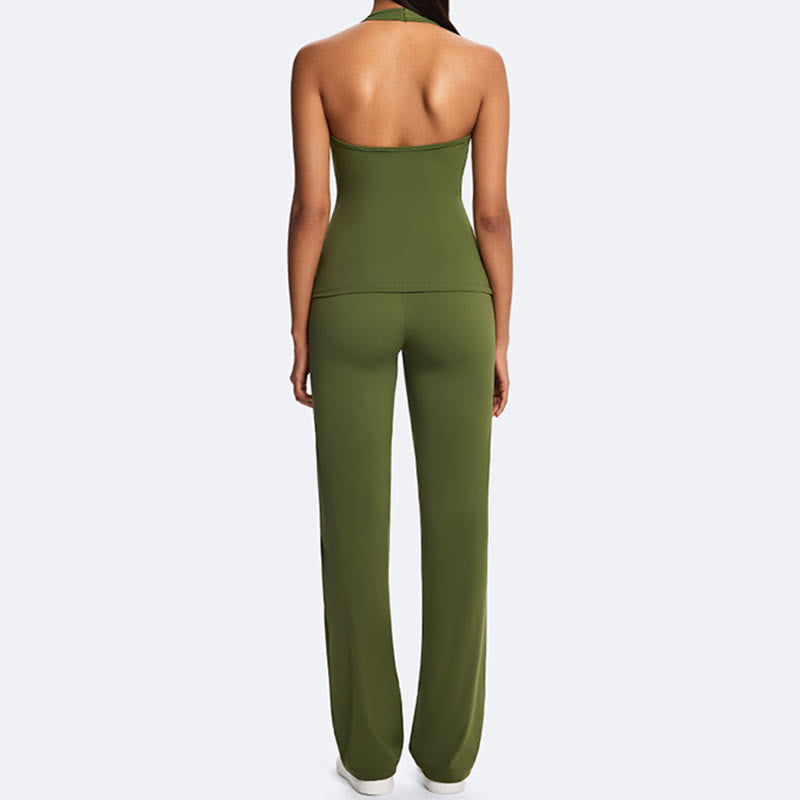 Buddha Stones Solid Crop Halter Backless Sleeveless Top Straight Leg Pants For Sports Fitness Yoga - image 16