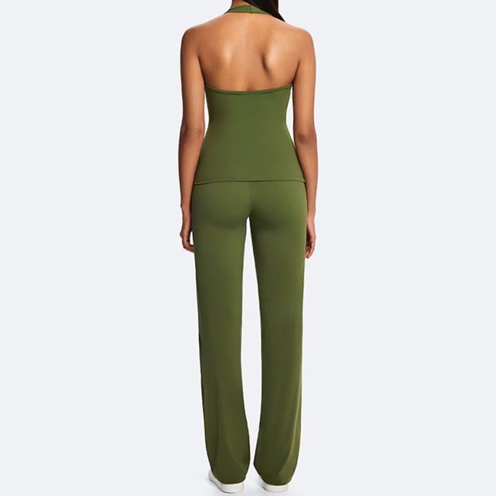 Buddha Stones Solid Crop Halter Backless Sleeveless Top Straight Leg Pants For Sports Fitness Yoga - image 16